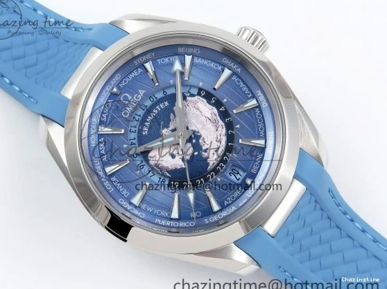 0201 GoAnywhere Aqua Terra GMT Worldtimer 43mm VSF 1:1 Best Edition Summer Blue Dial on Blue Rubber Strap A8938 Super Clone 7722